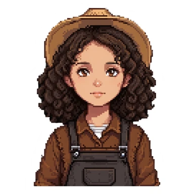 white girl with dark brown curly hair, brown eyes, wearing farm clothes sticker