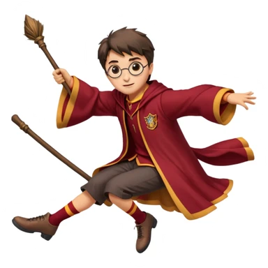 Cartoon-style illustration of Harry Potter flying on a broomstick, Gryffindor red and gold outfit, expressive face, dynamic motion, magical vibe, smooth shading, vibrant colors, no background, transparent background, isolated character. sticker