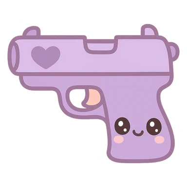 purple heart pistol, kawaii style, cute face on the handle, big eyes sticker