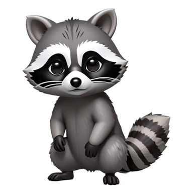 Cinematic-cute Raccoon-Realistic-hunched Full-Body on all fours-Emoji – Tail flicking lazily, head tilted dramatically, thick grey fur with a signature black mask, sharp and alert ears, simplified yet realistic focused features, highly detailed, glowing with an almost sarcastic glow big black eyes realistic body sticker