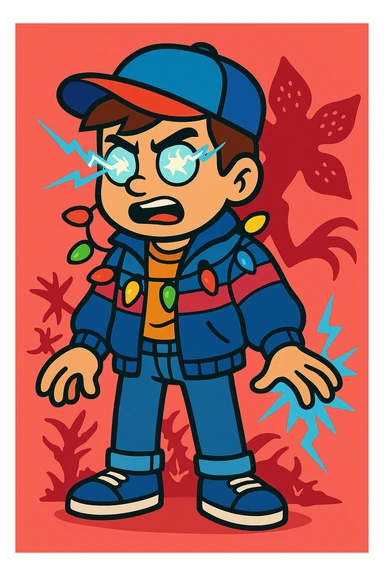 Stranger Things inspired character in vibrant toon style, wearing 80s clothing with supernatural effects, Christmas lights, and Demogorgon hints, variation 2. sticker