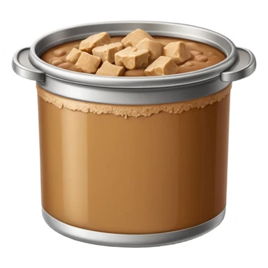open metal can filled with soft moist chunks or smooth pâté in natural brown tones, slightly glossy gelatinous surface, clean edge, no label, no pet, spoon, or bowl, just the open can and contents, apple emoji style, soft lighting, subtle shadows, transparent background, emoji scale sticker