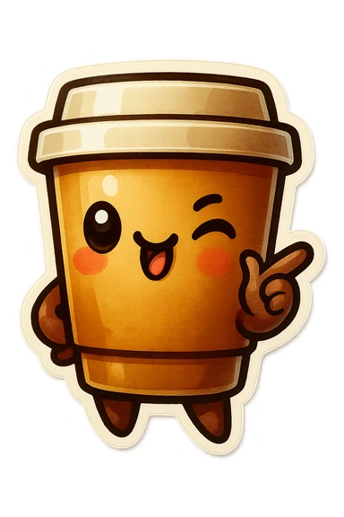 Tall coffee cup, pointing, winking, clinking tongue, cocky sticker