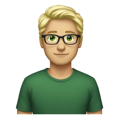 male, nose-piercing, cold blond hair, glasses, green eyes, black t-shirt sticker