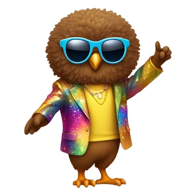  A cute short stubby brown owl with a Afro and sun glasses and a colorful disco suit doing a dance pose sticker