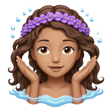 Sticker 3D joven de piel morena clara, ojos marrón oscuro y pestañas largas. Cabello castaño ondulado extralargo hasta la mitad de los glúteos. Viste DE lavanda. con abundante espuma  sobre su cabeza y manos en el pelo, ojos cerrados, expresión feliz. Render con destellos de agua. sticker