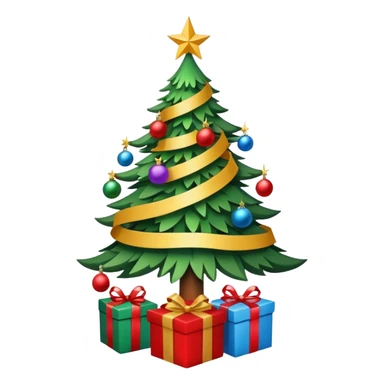 Christmas tree with decorations and ribbons, it has a star on top, at the base of the tree there are gifts. sticker