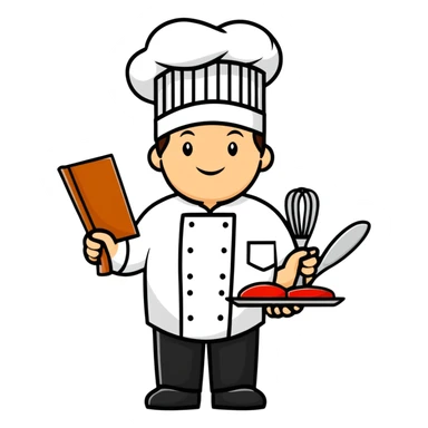 Enthusiastic chef wearing business suit and chef hat, holding cooking utensils and a sales contract sticker