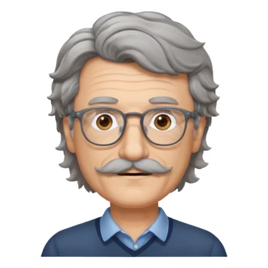 Generate a portrait of a slightly older man with glasses. His hair is quite thin, gray, but wavy. He has brown eyes and a mustache. sticker