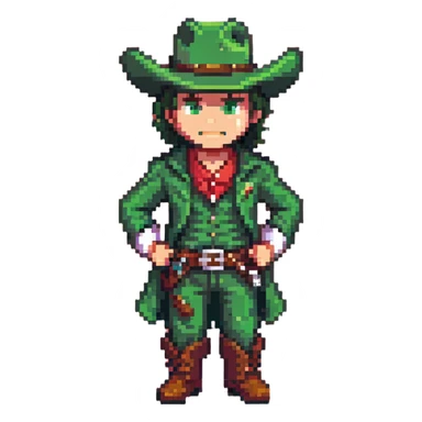 Cowboy character with green outfit and hat, western style sticker