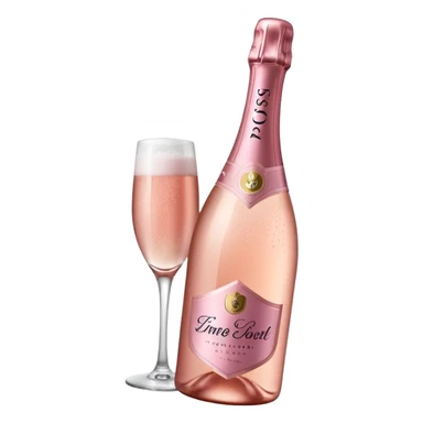 bottle of sparkling rosé champagne with a rose logo on the label, tilted up and to the left, no glass sticker