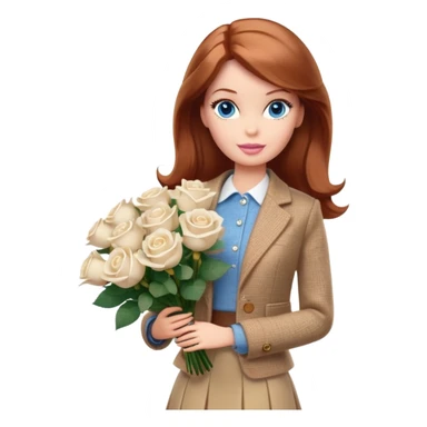 A Barbie girl with blue eyes, shoulder-length reddish-brown hair, made-up, wearing a beige tweed jacket and a beige skirt, with a bouquet of white roses sticker
