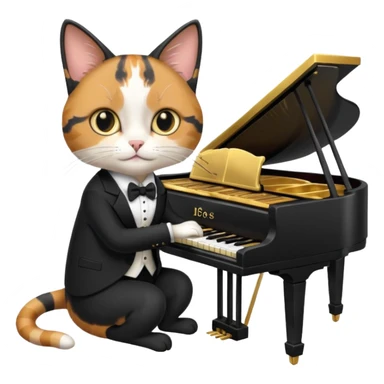 calico cat play gold piano, wear black suit, portrait sticker