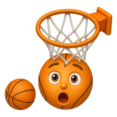 Change the perspective to be from the top of the key, with the basketball about a foot off the rim, in the style of apple emojis, keep the background transparent. sticker