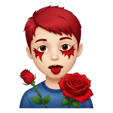 red glitter naughty-looking boy biting a rose in his mouth sticker