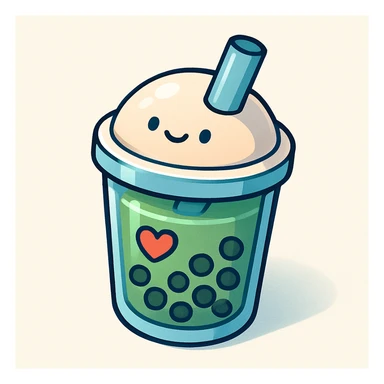 bubble tea cup with a rounded cute lid, blue cup, green drink inside, vector hand-drawn style, clear bold outlines, soft expressive shadows and highlights, matte glass effect, cute heart details sticker