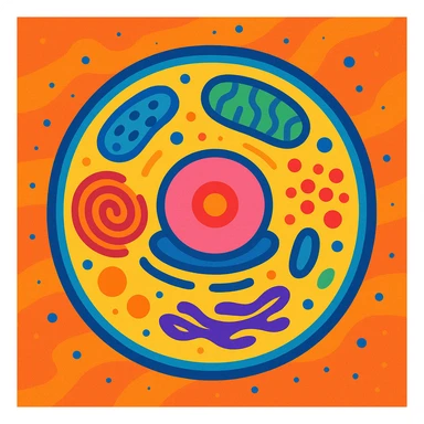 stylized cell illustration with organelles, artistic and abstract, vibrant colors sticker