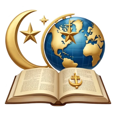 An icon featuring a sacred book, a cross, a crescent moon, and a star, symbolizing the study of religions. The design includes diverse religious symbols and a globe, representing global beliefs and spiritual practices. Transparent background highlights the exploration of faiths and traditions. sticker