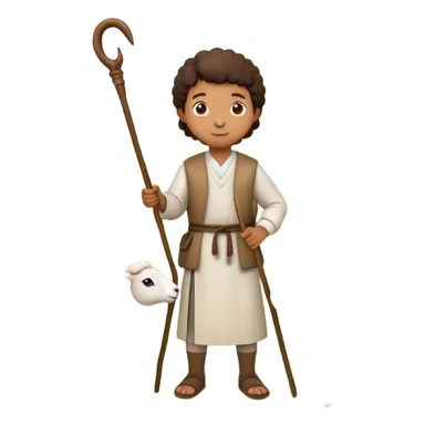 An emoji-style depiction of a shepherd. A person wearing simple, traditional clothing, holding a wooden staff (crook), standing near sheep or leading them. Often outdoors, in a field or hillside setting, symbolizing care, guidance, and rural life sticker
