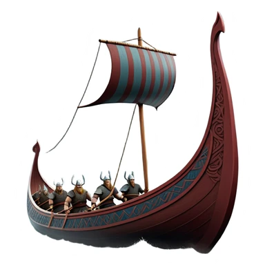 detailed-cinematic-viking-longboat, rendered in a flat, bold vector style with minimal shading, featuring a striking dragon-headed prow slicing through waters. shields on the side and vikings rowing The longboat’s, the boat has carved motifs evoke a sense of epic adventure and Nordic might, with billowing sails catching a dramatic, stormy sky backdrop. sticker