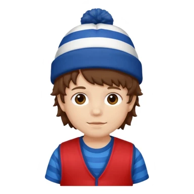 brown fluffy hair kid with blue and white hat dark blue jilet red t shirt sticker