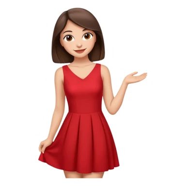 Cartoon emoji of a young brunette woman with fair-medium skin, brown eyes, wearing a red outfit. Full-height, standing confidently in a red dress  posing sexy with a smile and relaxed posture. Smooth, friendly, stylized, make up on, flirty eyes and smile sticker