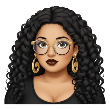 big plus size, latina, darker tan skin, long black curly hair, baddie,pretty, makeup, lipliner, black eyeliner, long hair, gold earrings, black top, black glasses sticker