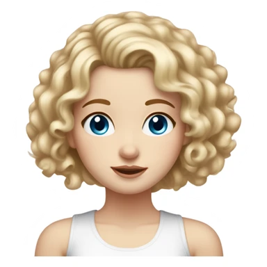 white girl with curly medium blonde hair, small light freckles on her cheeks, wearing a white tank top, blue eyes, slightly red cheeks, plump lips sticker