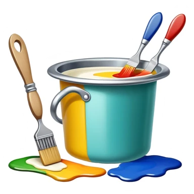 Enamel on metal icon, metal surface with vibrant enamel coatings, visible process of applying enamel with fine brush strokes, colorful enamel layers on metal, tools like paintbrush and enamel pots, no finished artwork, just the enameling process, minimalistic style, clean lines, transparent background. sticker