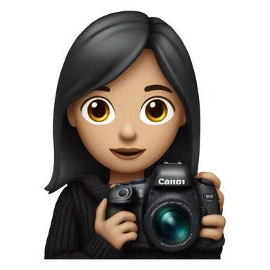 Female photographer with short,beige skin, dark hair, wearing a black sweater, holding a Canon 5D Mark IV camera with an 85mm lens.  sticker
