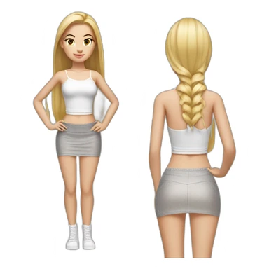 hyperrealistic caucasian female, long straight blonde hair, white lace up crop top, grey mini tight skirt, body view sticker