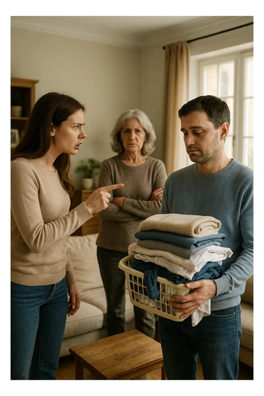 a woman stands assertively in the center of a living room, giving clear instructions to her partner. The man, with a submissive and resigned expression, follows her directions, perhaps holding household items or performing a chore. Behind them, an older woman (the mother-in-law) stands with crossed arms and a disapproving look, watching the scene unfold. The lighting is natural, and the atmosphere is tense but realistic. sticker