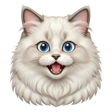 cinematic-adorable-big-eyed-fluffy-ragdoll-cat-portrait-emoji,-head-tilted-playfully-with-a-cute,-yawn,-white and grey fur,-simplified-yet-irresistibly-cute-features, blue eyes sticker