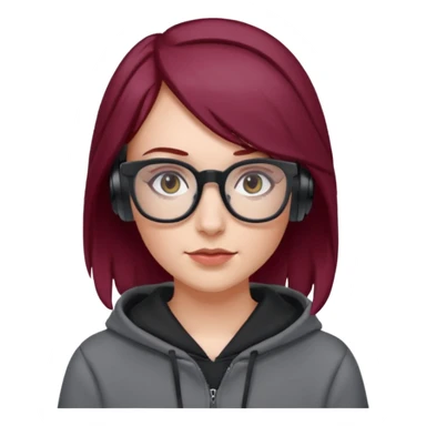 white girl with burgundy hair, gray rectangle glasses, black deportive hoodie and black headphones sticker