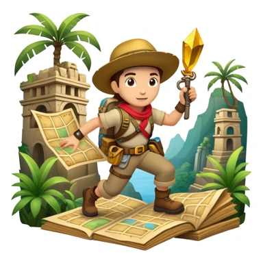 An icon featuring an adventurer in a dynamic action pose, with treasure maps, ancient ruins, and jungle landscapes in the background. The design includes clues, hidden passages, and climbing gear, symbolizing the thrill of exploration and discovery. Transparent background. sticker