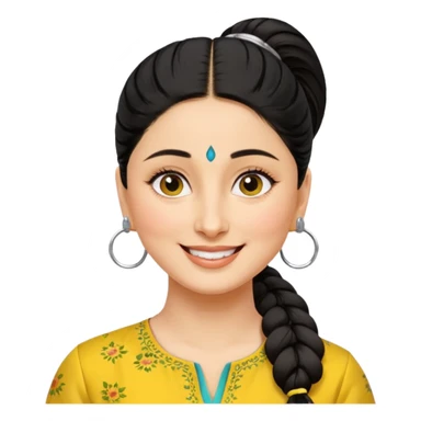 generate a pretty bratz emoji that looks like Kareena Kapoor's Geet character. 
Make her wear a yellow kurti, silver hoops, black hair in a ponytail. smiling big sticker