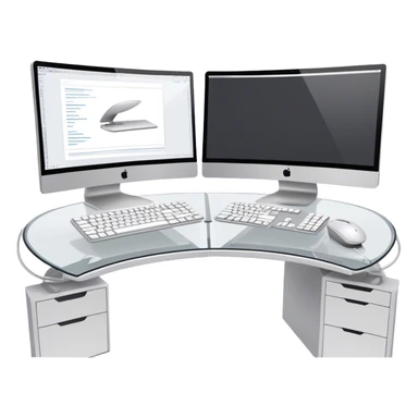 Create an emoji for UX/UI design. Two large curved monitors placed next to each other, displaying design mockups or wireframes. A mouse, keyboard, and stylus to symbolize the tools used in the design process. Do not include any emojis or smiley faces. Background transparent. sticker