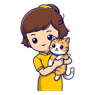 girl with brown hair and bangs wearing yellow qipao with a gray tabby cat sticker