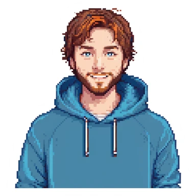 MrBeast, blue hoodie, short brown hair, beard, cheerful expression sticker