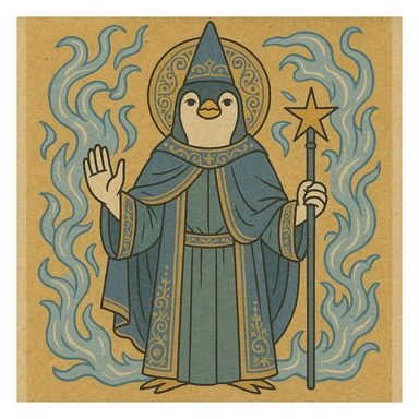 a heroic penguin wizard with a flowing cape, icy blue magic swirling around, epic fantasy style sticker