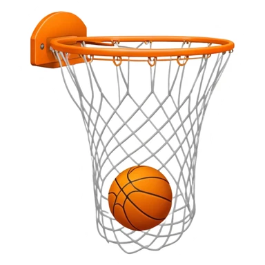 Basketball falling through white net, motion lines, minimal design, iOS emoji style sticker