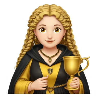 Helga Hufflepuff, 2 curly thick brown braids, yellow-black medieval dress, black cloak decorated with gold braiding, tiny two-handled shiny yellow-gold cup, very kind smile, curvy busty sweet woman, thick rosy cheeks sticker