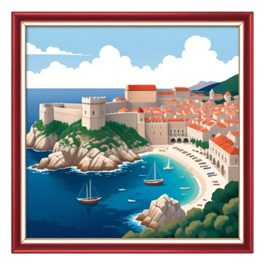 Cinematic Realistic aerial view of the historic city of Dubrovnik, showcasing its iconic red-roofed architecture, fortified walls, and sparkling Adriatic coastline, rendered with rich textures and warm Mediterranean lighting that captures its old-world charm. sticker