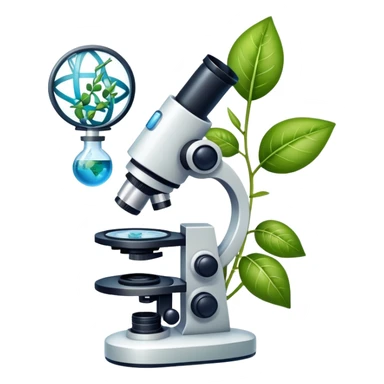 An icon featuring a microscope, a DNA strand, and plant leaves, symbolizing biology. The design includes cells, a test tube with a plant sample, and a globe, representing life sciences, ecosystems, and the study of organisms. Transparent background highlights the exploration of living systems. sticker