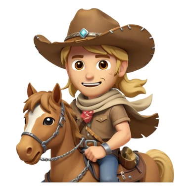 clash-of-clans-aesthetic_-cinematic-playful-cowboy-portrait-emoji, head-tilted with a roguish, cheeky grin and twinkling eyes, featuring a rugged, spirited build with a wide-brimmed cowboy hat and a weathered bandana on tan skin, riding a powerful galloping horse with dynamic flowing mane, reins gripped firmly in one hand and a lasso in the other, as dust swirls behind them in a vast desert landscape. sticker