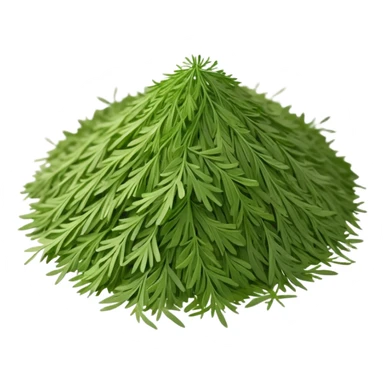 loose sprinkle of fine, feathery green herb flakes, dry airy texture, muted earthy green tones, delicate thread-like pieces, unevenly scattered, evoking dried dill leaves, soft lighting, subtle shadows, emoji scale sticker
