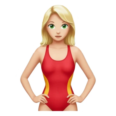 Blonde Woman, Green eyes, Red onepiece, whole Body,Background Indoor pool sticker
