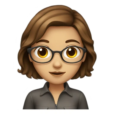 women brown hair with glass, eyes brown and laptop sticker