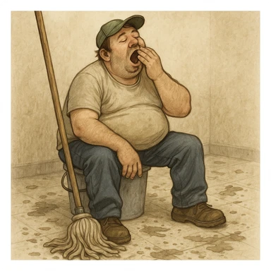 lazy janitor sitting on a bucket, yawning, mop nearby, messy floor, relaxed expression sticker