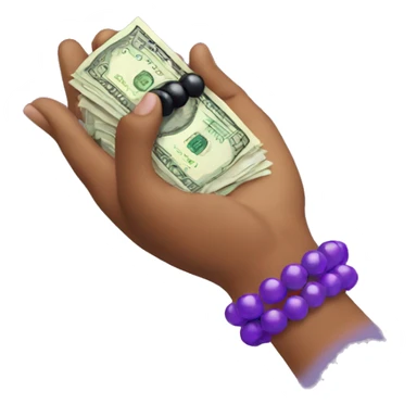 hand with purple bead bracelet holding money sticker